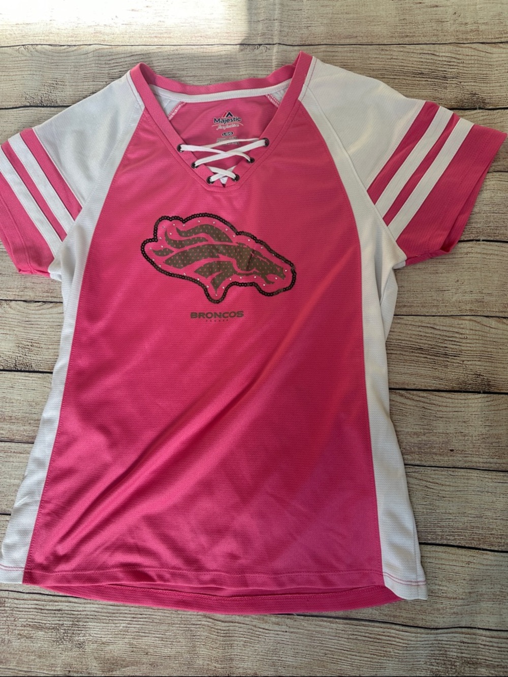 Pink and White Broncos Lace-Up Fan Jersey Size Large